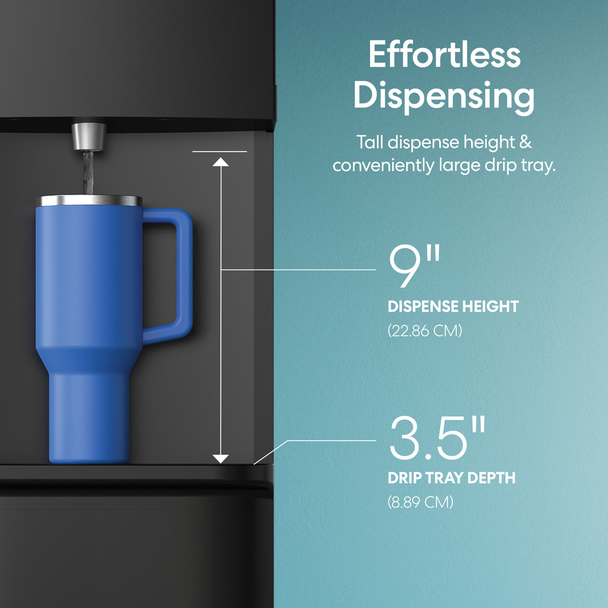 The Hot & Cold Top Load Water Cooler - 530 Series easily fills a tall blue mug, highlighting its generous 9-inch dispense height and spacious 3.5-inch drip tray depth. This sleek black dispenser features a stainless steel nozzle, an oversized drip tray, and a child safety lock for added peace of mind.