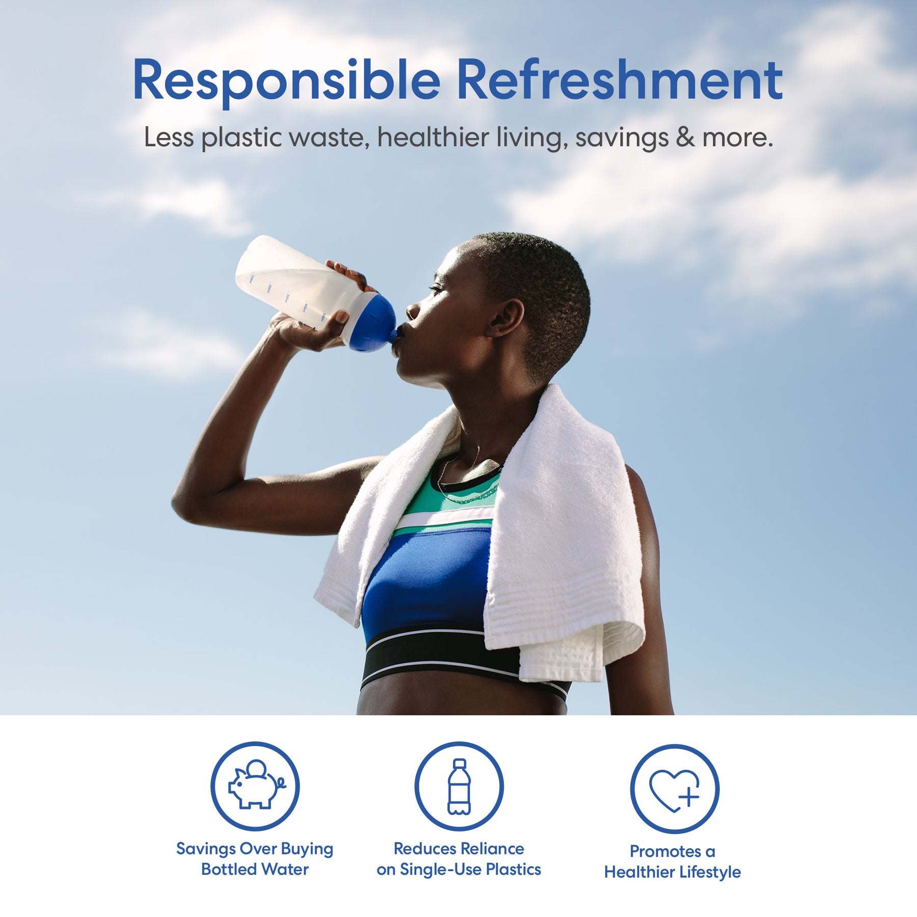 Wearing athletic gear and a towel, a person drinks from a reusable bottle, showcasing the Brio 530 Series Hot & Cold Top Load Water Cooler’s savings, reduced plastic waste, and healthy lifestyle benefits with three icons.