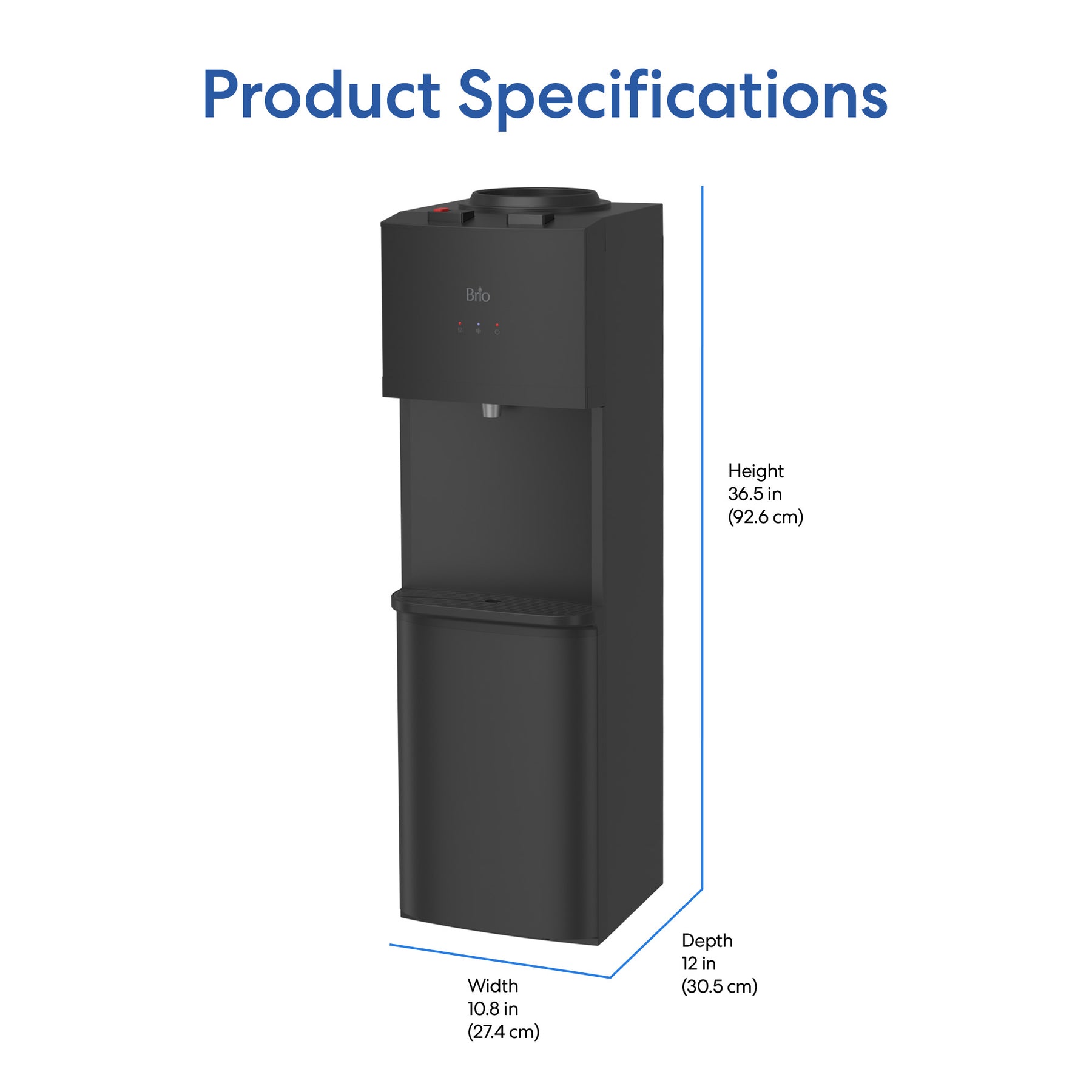The Brio 530 Series Hot & Cold Top Load Water Cooler in black measures 36.5" H x 10.8" W x 12" D and features a child safety lock for added protection.