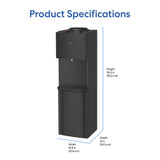 The Brio 530 Series Hot & Cold Top Load Water Cooler in black measures 36.5" H x 10.8" W x 12" D and features a child safety lock for added protection.