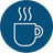 A circular blue icon featuring a white line-drawn coffee cup with three wavy steam lines above it, representing coffee on demand.