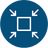 A circular blue icon with a white square in the center and four white arrows pointing inward from the corners, representing the product has a compact design.