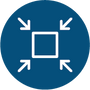 A circular blue icon with a white square in the center and four white arrows pointing inward from the corners, representing the product has a compact design.