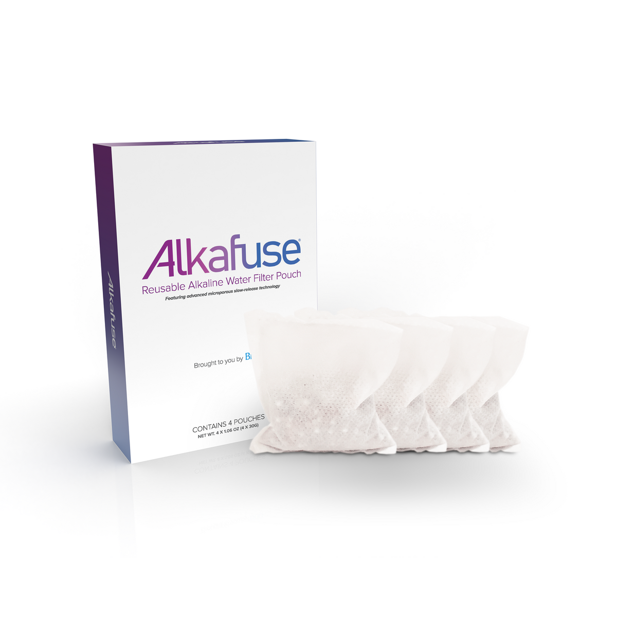 A white box labeled Alkafuse Portable Alkaline Water Filter Pouches (4-Pouches) is shown beside four bead-filled mesh pouches on a white background, ideal for making alkaline water anywhere.