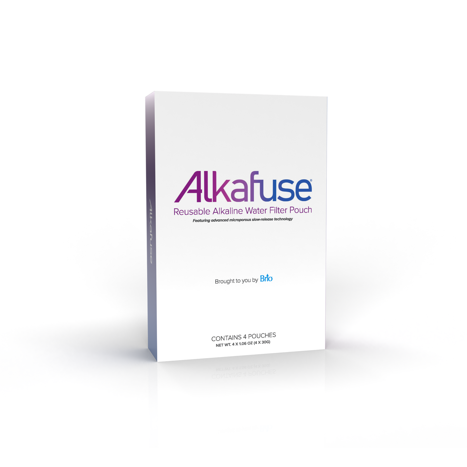 A white box labeled Alkafuse Portable Alkaline Water Filter Pouches (4-Pouches) with purple and blue text, containing four portable pouches in clean, minimalist packaging.