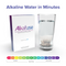 A box labeled Alkafuse Portable Alkaline Water Filter Pouches (4-Pouches) stands next to a glass of water with a filter pouch. Below, a pH scale from acidic (red) to alkaline (blue) is shown under the heading "Alkaline Water in Minutes.