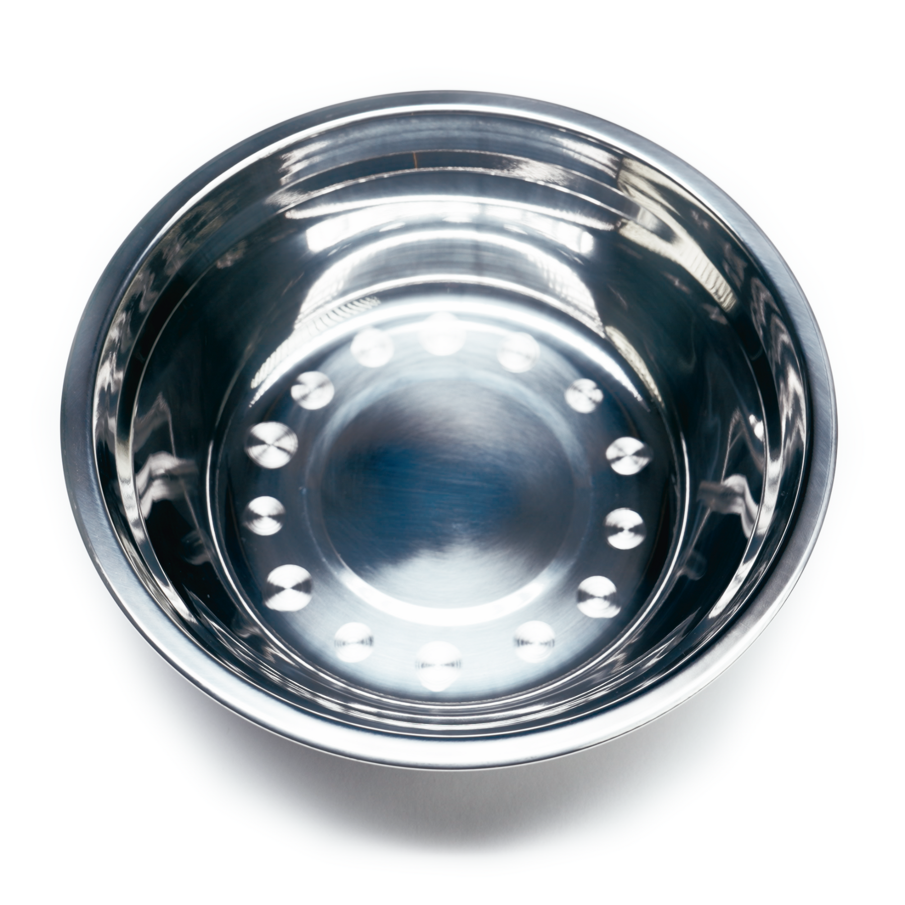 A shiny, empty Stainless Steel Dog Bowl for the 320 Series Top Load Pet Cooler is shown from above on a white background, its clean design echoing the streamlined look of dedicated pet cooler accessories.