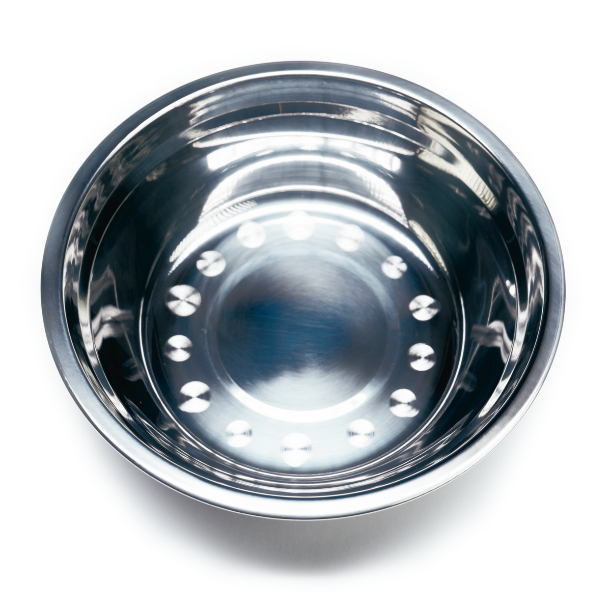 A shiny, empty Stainless Steel Dog Bowl for the 320 Series Top Load Pet Cooler is shown from above on a white background, its clean design echoing the streamlined look of dedicated pet cooler accessories.