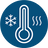 A circular blue icon with a white thermometer, a snowflake on the left, and three wavy lines on the right, indicating a dual temperature faucet.
