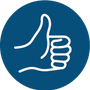 A blue circular icon with a white thumbs-up line drawing representing easy product maintenance.