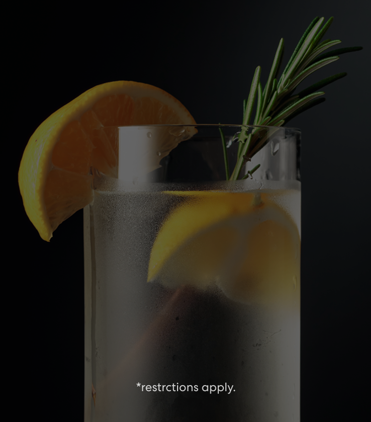 A tall glass of sparkling water garnished with lemon slices and a sprig of rosemary sits on a dark surface, with additional rosemary and a sliced lemon beside it. The drink glows against a dramatic black background, emphasizing its refreshing and crisp appearance.