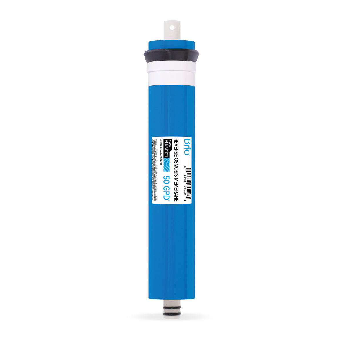 The Reverse Osmosis Membrane 50 GPD is a blue cylindrical water filter with white and black ends, labeled 50 GPD. NSF-certified, it includes a product label and barcode on the side for easy identification.