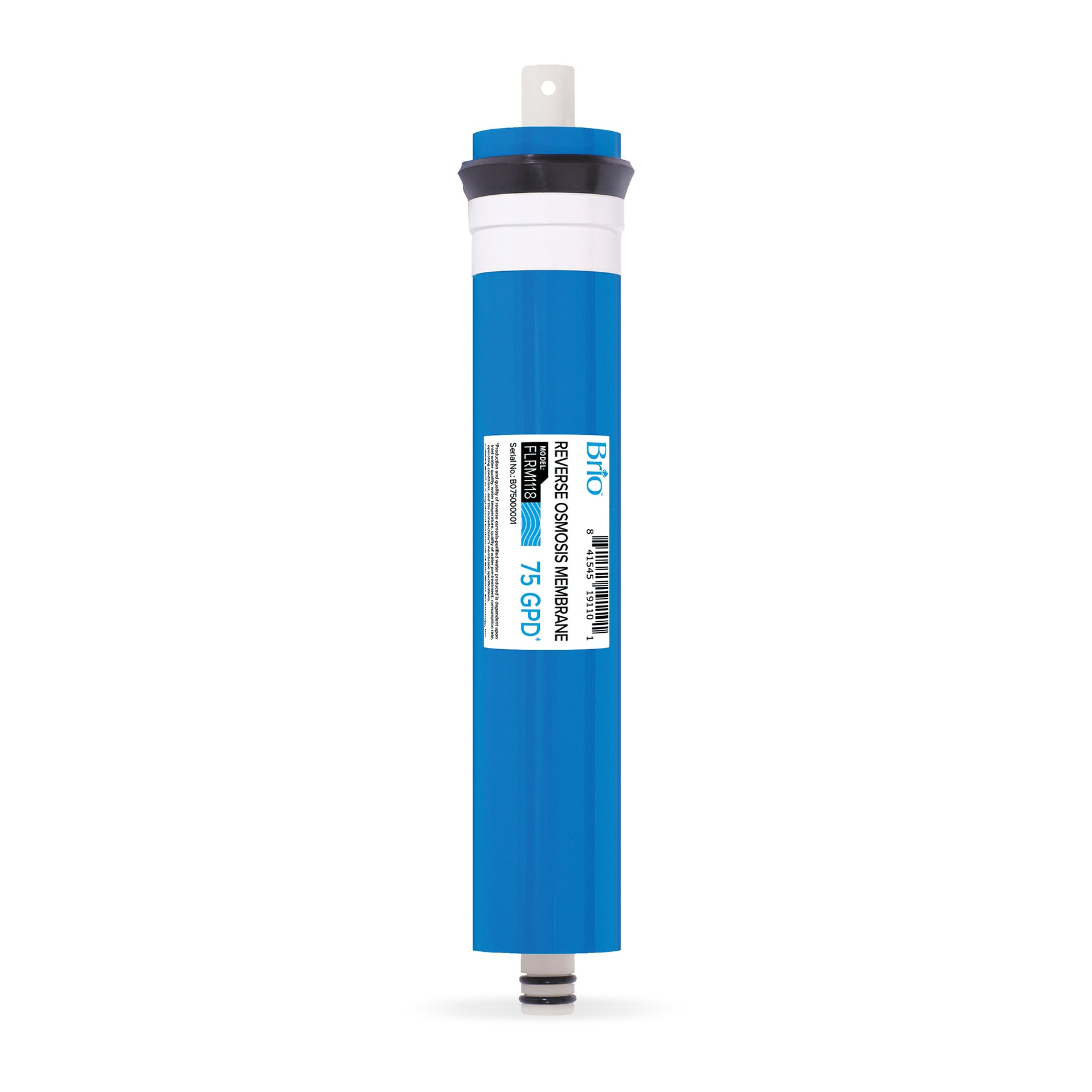 The Brio Reverse Osmosis Membrane 75 GPD is a blue cylindrical filter with white and black cap, NSF-certified for purified water. It features a label showing its 75-gallon-per-day capacity and stands upright on a white background.