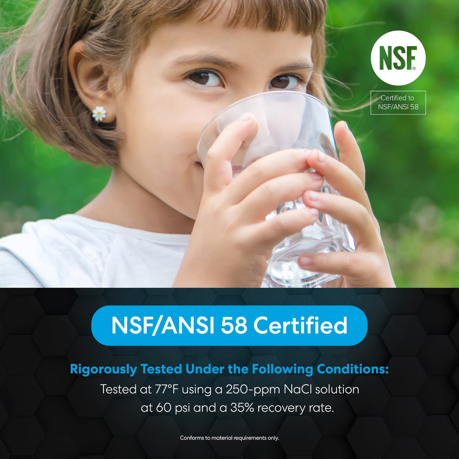 A brown-haired girl drinks purified water from a glass. Text: Brio Reverse Osmosis Membrane 75 GPD is NSF/ANSI 58 certified, tested at 77°F with 250-ppm NaCl, 60 psi, and a 35% recovery rate. NSF certification logo shown.