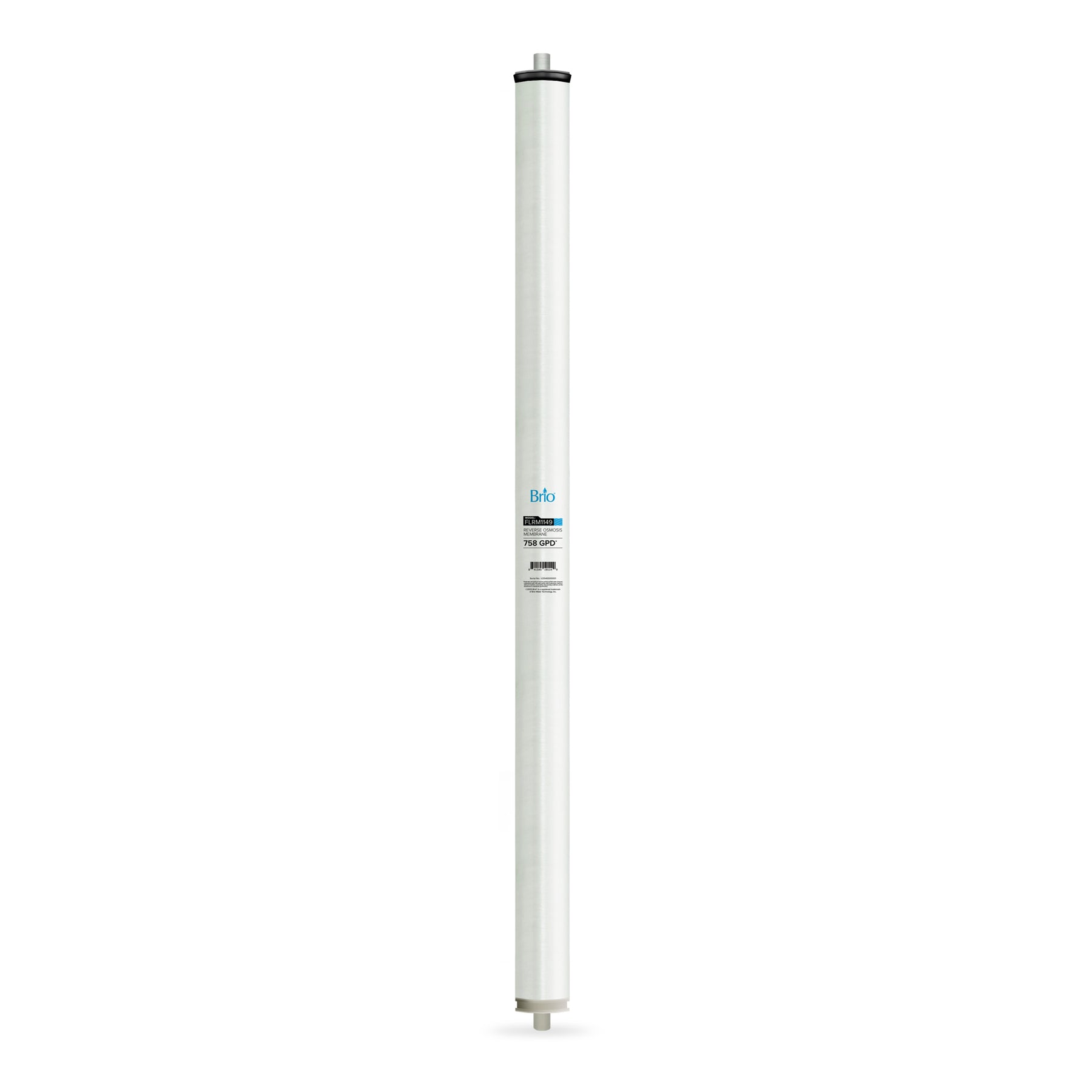 The Brio Commercial Reverse Osmosis Membrane 758 GPD is a long, cylindrical white filter cartridge with a central label, designed to remove dissolved solids in commercial RO systems, shown vertically against a plain white background.