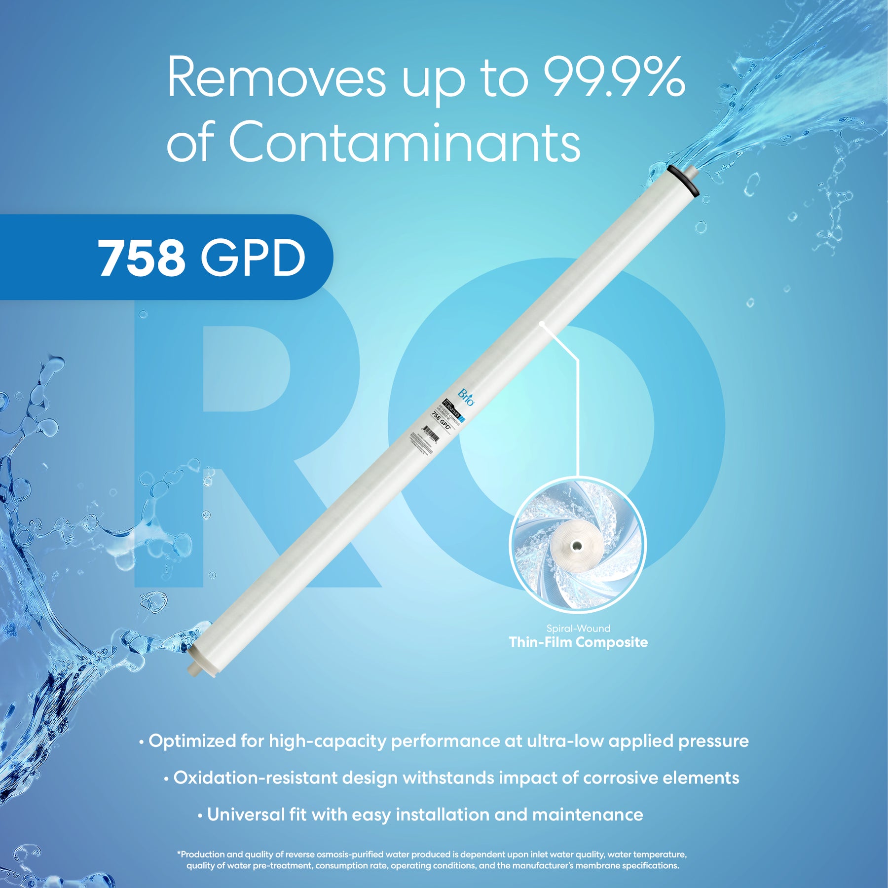 The Brio Commercial Reverse Osmosis Membrane 758 GPD, a white cylindrical filter, stands upright against a blue backdrop with water splashes, highlighting its 758 GPD capacity, dissolved solids removal, oxidation resistance, and easy installation.