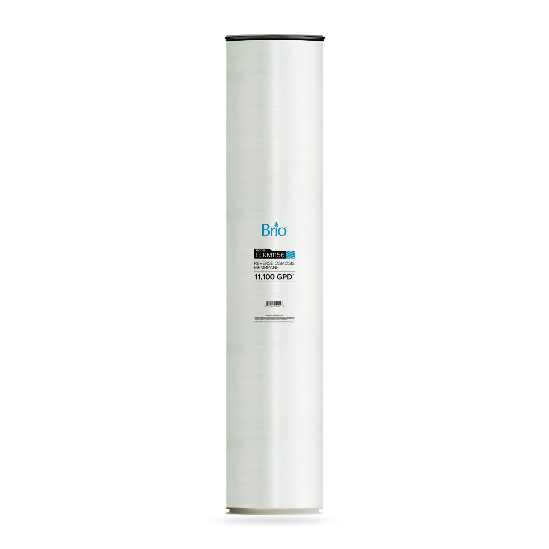 The Brio Industrial Reverse Osmosis Membrane 11,100 GPD, a tall cylindrical filter with a white body and black ends for dissolved solids removal, stands upright against a plain white background.