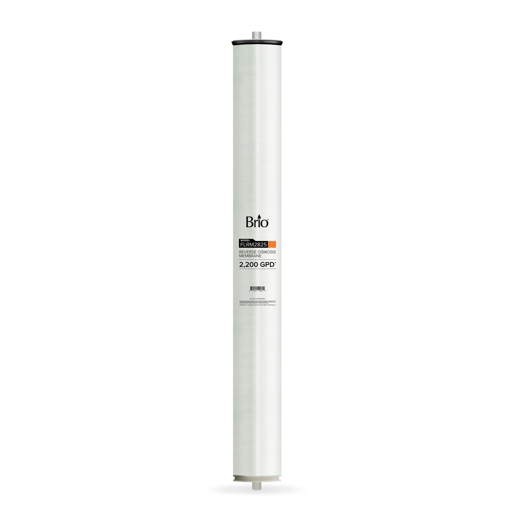 The Brio Commercial Reverse Osmosis Membrane 2200 GPD is a white cylinder with black text, engineered to remove dissolved solids from water using advanced RO technology.