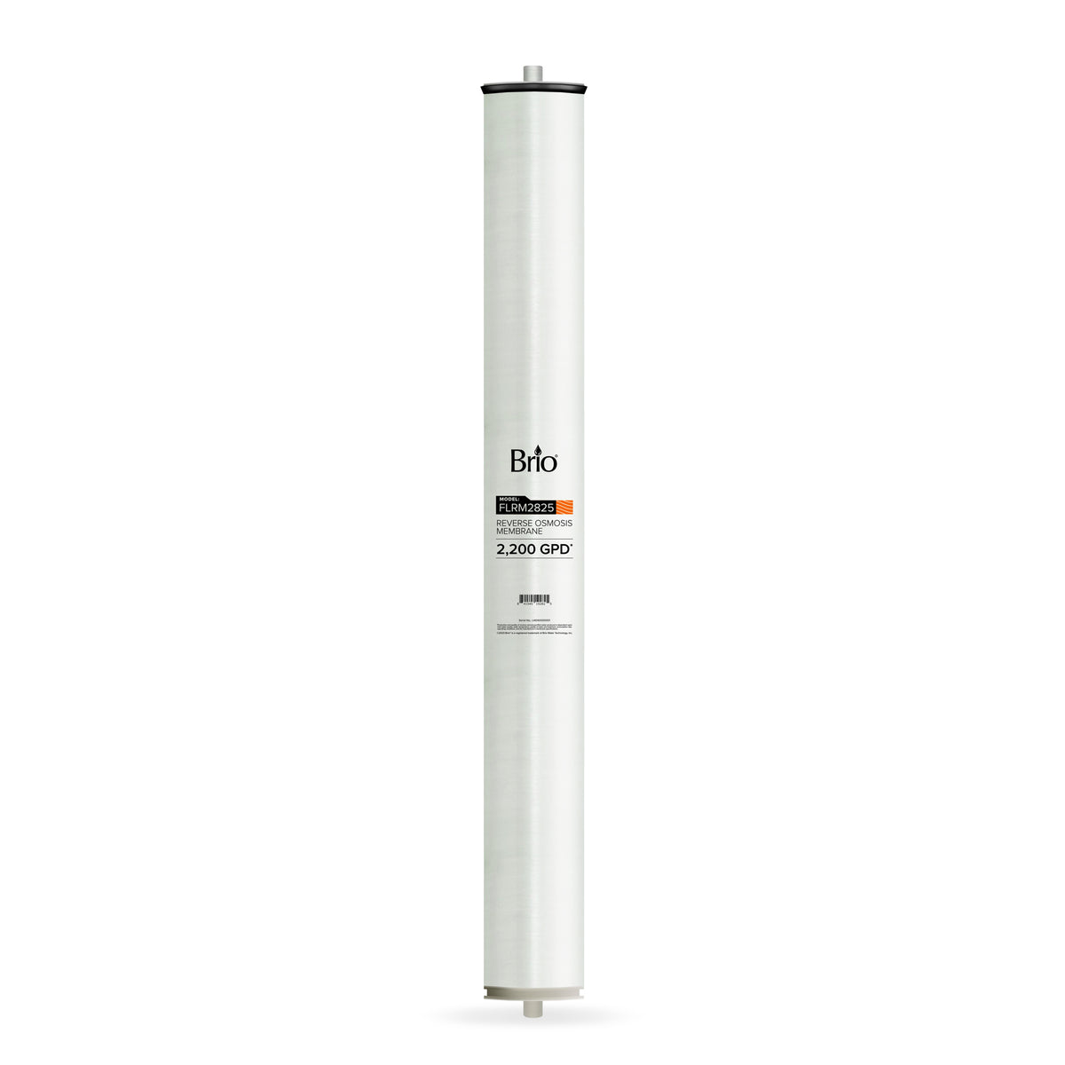The Commercial Reverse Osmosis Membrane 2200 GPD by Brio is a tall, cylindrical filter cartridge with a white casing that efficiently removes dissolved solids to provide purified water.