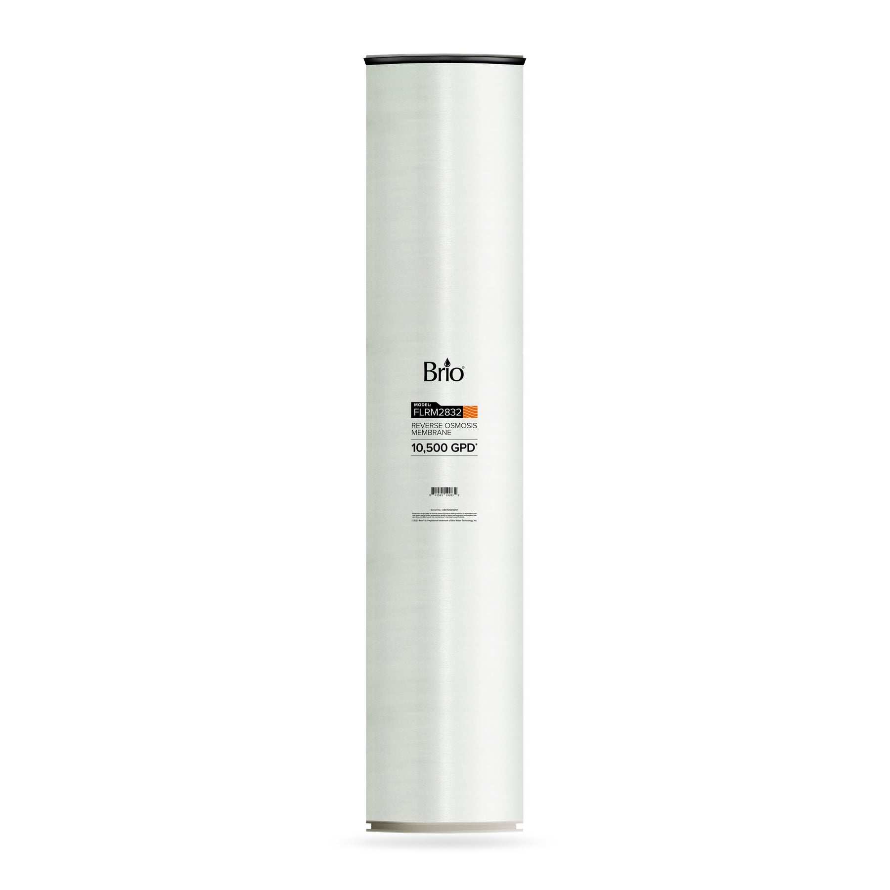 The Brio Industrial Reverse Osmosis Membrane 10,500 GPD is a tall, cylindrical filter with a white body and black top that efficiently removes dissolved solids for purified water.