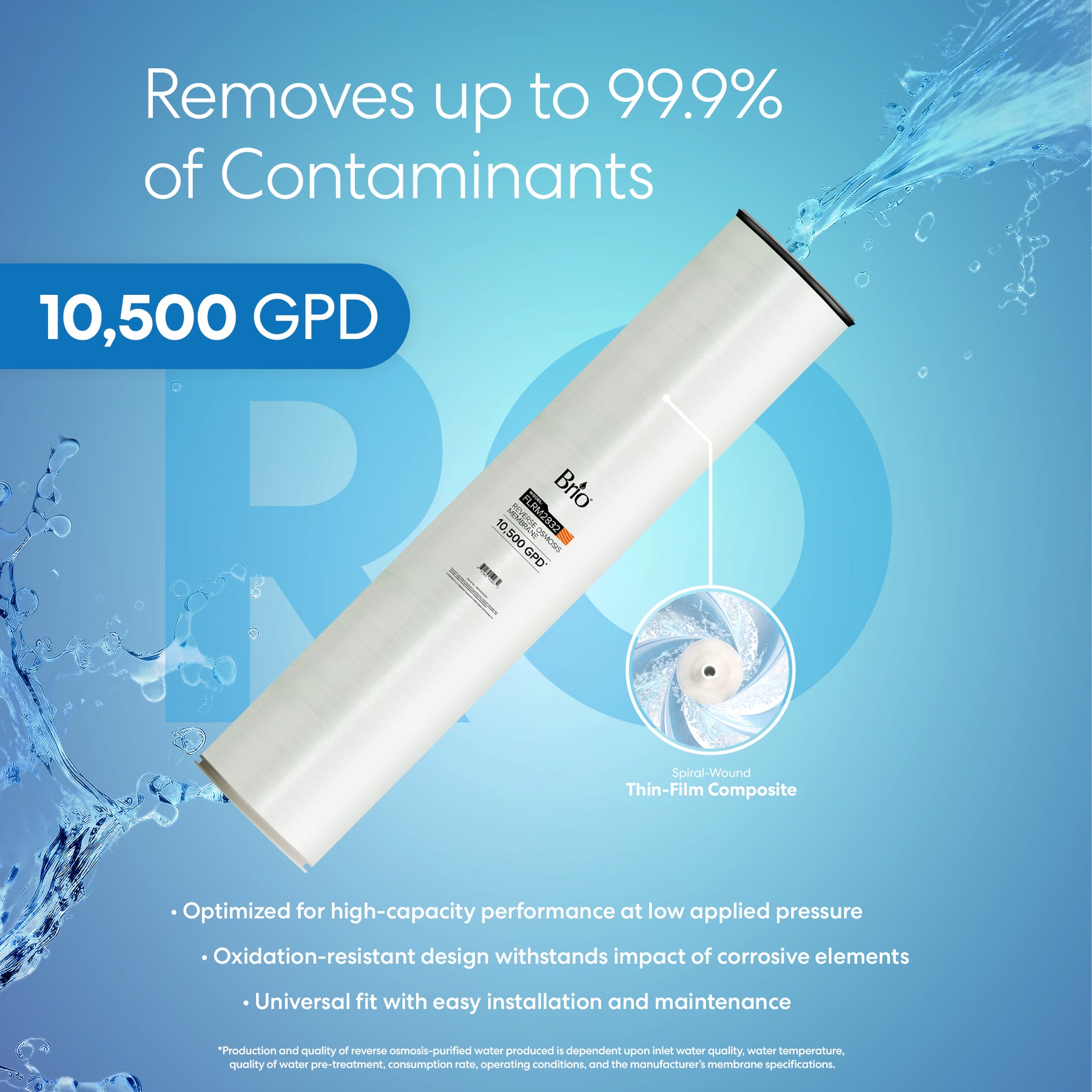 The Brio Industrial Reverse Osmosis Membrane 10,500 GPD is a cylindrical, thin-film composite filter that removes up to 99.9% of contaminants and dissolved solids, offers oxidation resistance, easy installation, and features a blue purified water splash background.
