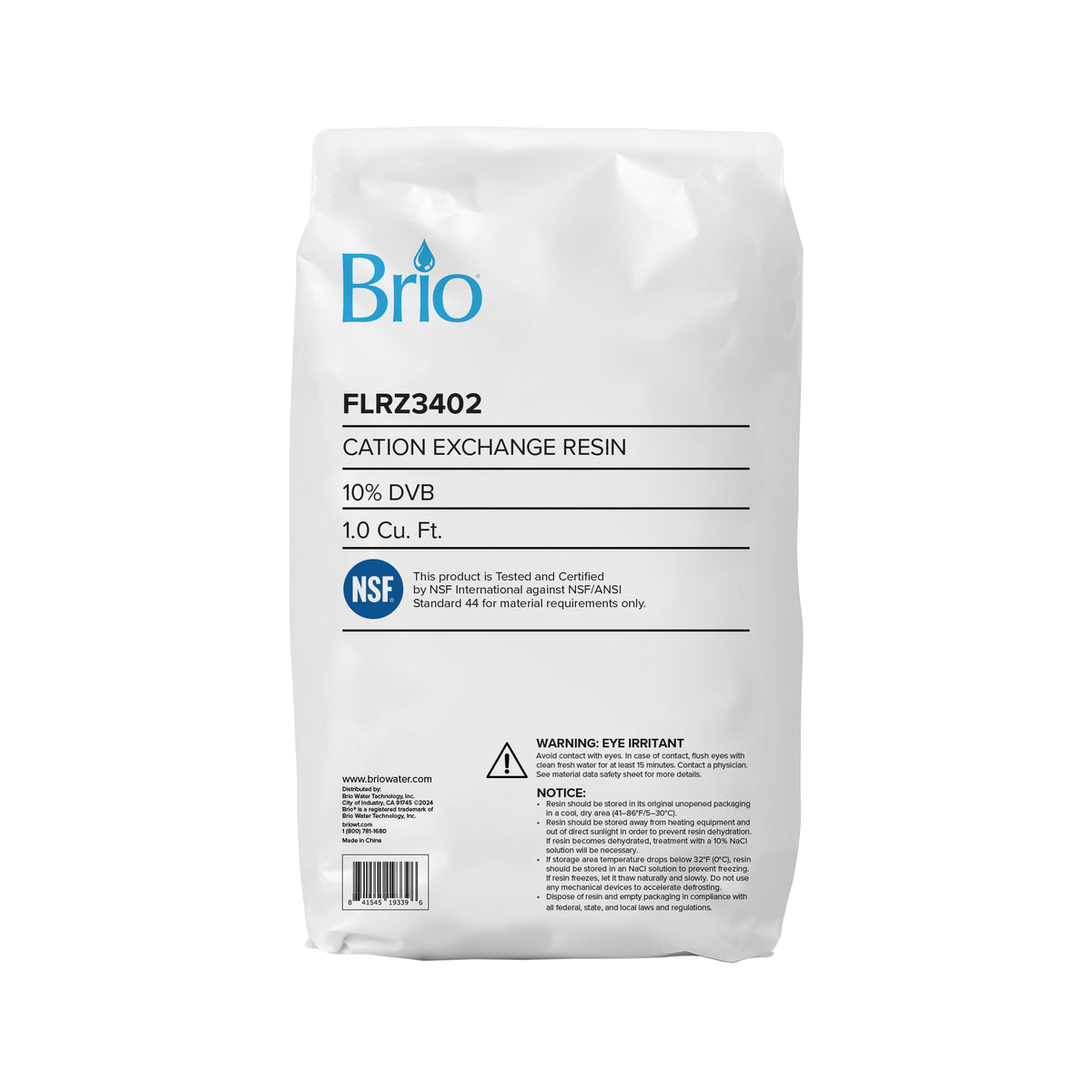 A white Brio bag labeled "Cation Exchange Resin - 10% Cross-Linked DVB," 1.0 Cu. Ft., features NSF certification, chlorine-resistant resin details, warnings, and product info in black text—ideal for water softening systems.