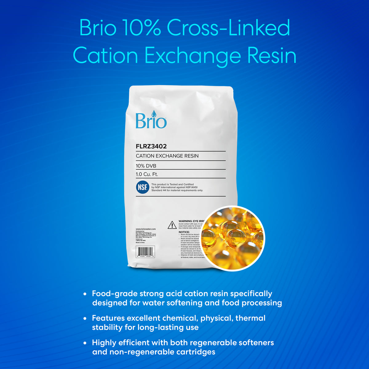 A blue bag of Cation Exchange Resin - 10% Cross-Linked DVB is shown on a blue background with product highlights, an NSF logo, and a close-up of amber resin beads for water softening systems in the lower right corner.