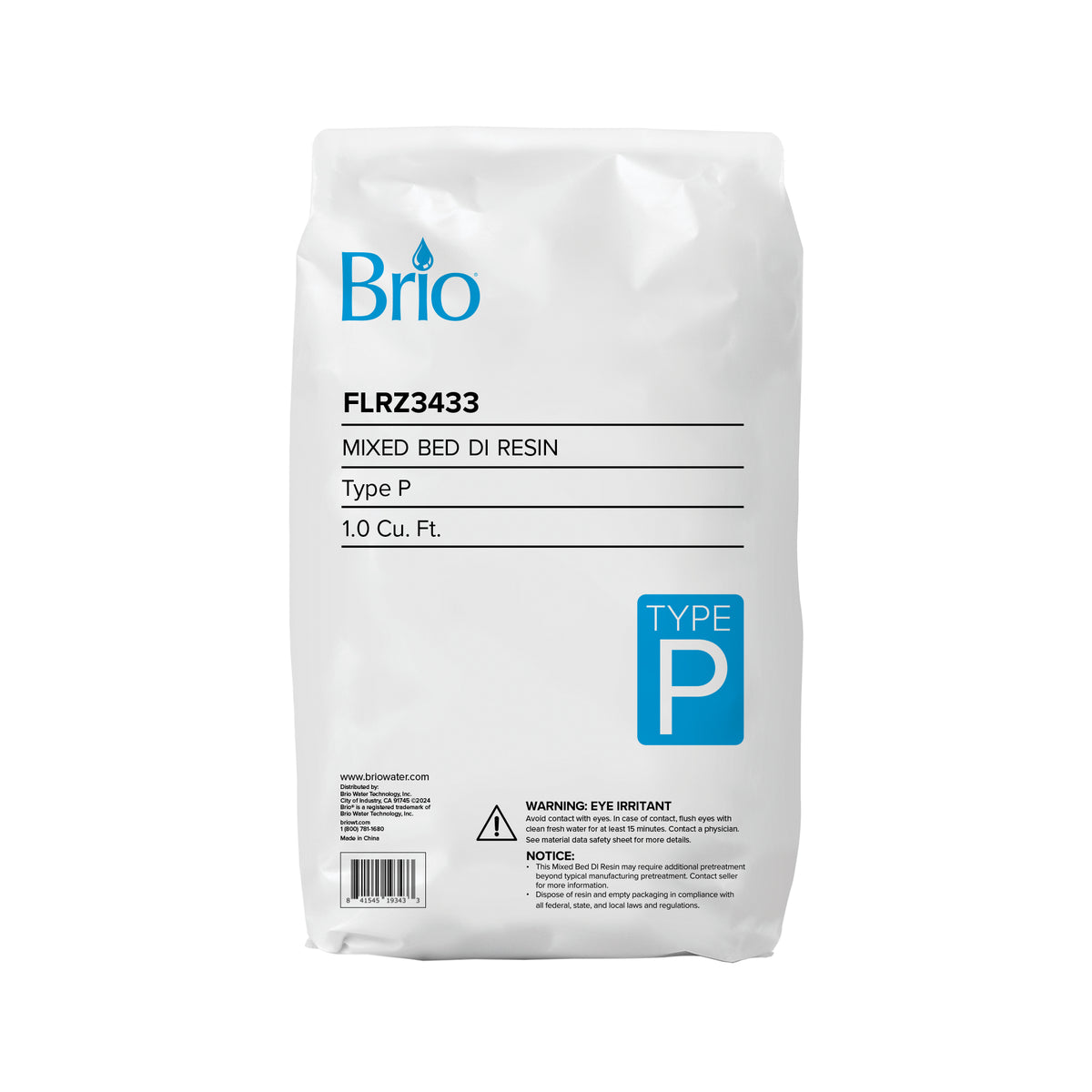 A white bag labeled Mixed Bed DI Deionizing Resin - Type P, 1.0 Cu. Ft., ideal for deionizing systems, features blue and black text on the front with a blue Type P box, barcodes, and safety warnings.