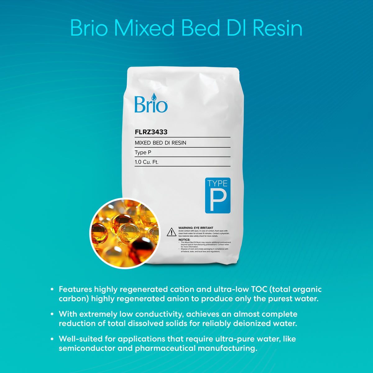 A white bag labeled Mixed Bed DI Deionizing Resin - Type P stands on a blue background. An inset shows amber resin beads. Text highlights high regeneration, low TOC, and suitability for ultra-pure water applications.