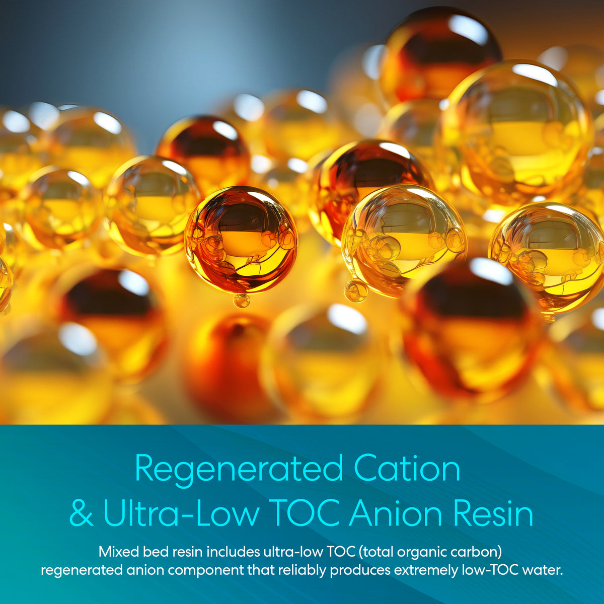 Close-up of shiny orange and yellow resin beads with reflective surfaces. Text overlay: Mixed Bed DI Deionizing Resin - Type P, ideal for ultra-pure water and deionizing system applications, on a blue background.