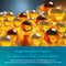 Close-up of shiny orange and yellow resin beads with reflective surfaces. Text overlay: Mixed Bed DI Deionizing Resin - Type P, ideal for ultra-pure water and deionizing system applications, on a blue background.