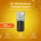 The Single Stage Whole House Filtration System - 10" Anti-Scale is shown on an orange background with “Scale Reduction.” Icons highlight 1-stage filtration, 720 GPH flow, and easy installation. Water splashes emphasize its powerful hard water treatment.
