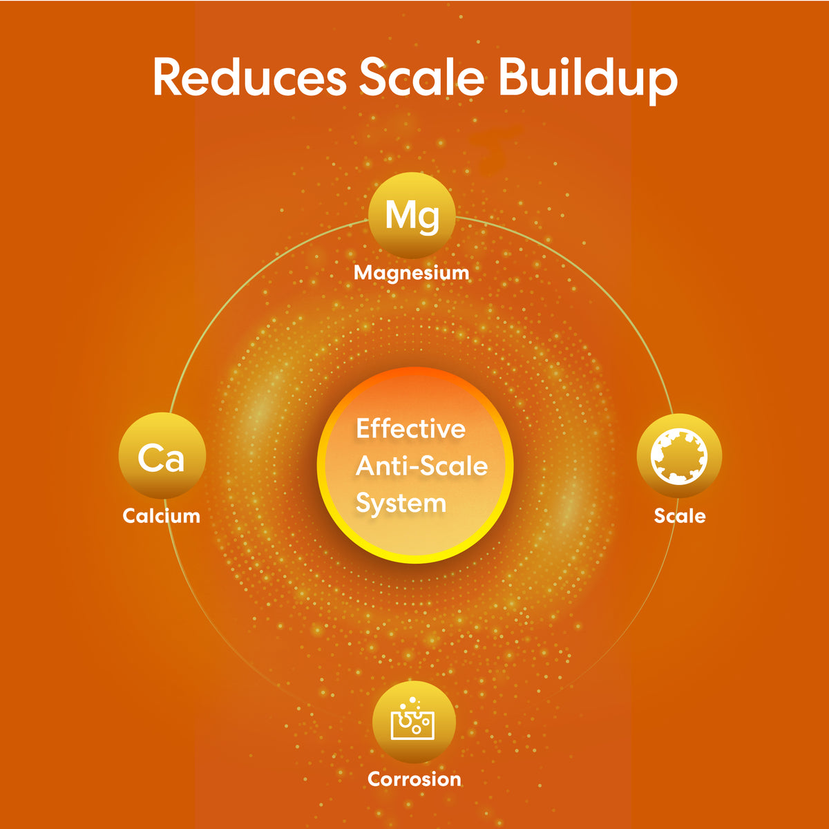 Infographic titled Reduces Scale Buildup features a central circle labeled Single Stage Whole House Filtration System - 10" Anti-Scale, linked to magnesium, calcium, scale, and corrosion icons on an orange background—showing hard water treatment with this anti-scale filter.