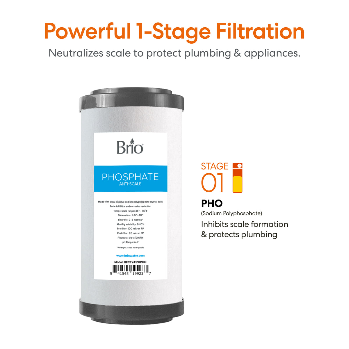 The Single Stage Whole House Filtration System - 10" Anti-Scale features a cartridge with powerful sodium polyphosphate treatment that neutralizes hard water, preventing scale and protecting your plumbing and appliances.
