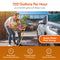 A man and a young boy use a green hose to wash a silver car in the driveway. Text highlights the Single Stage Whole House Filtration System - 10" Anti-Scale, offering 720 GPH flow for showers, drinking, and dishes, with an icon for strong water flow.