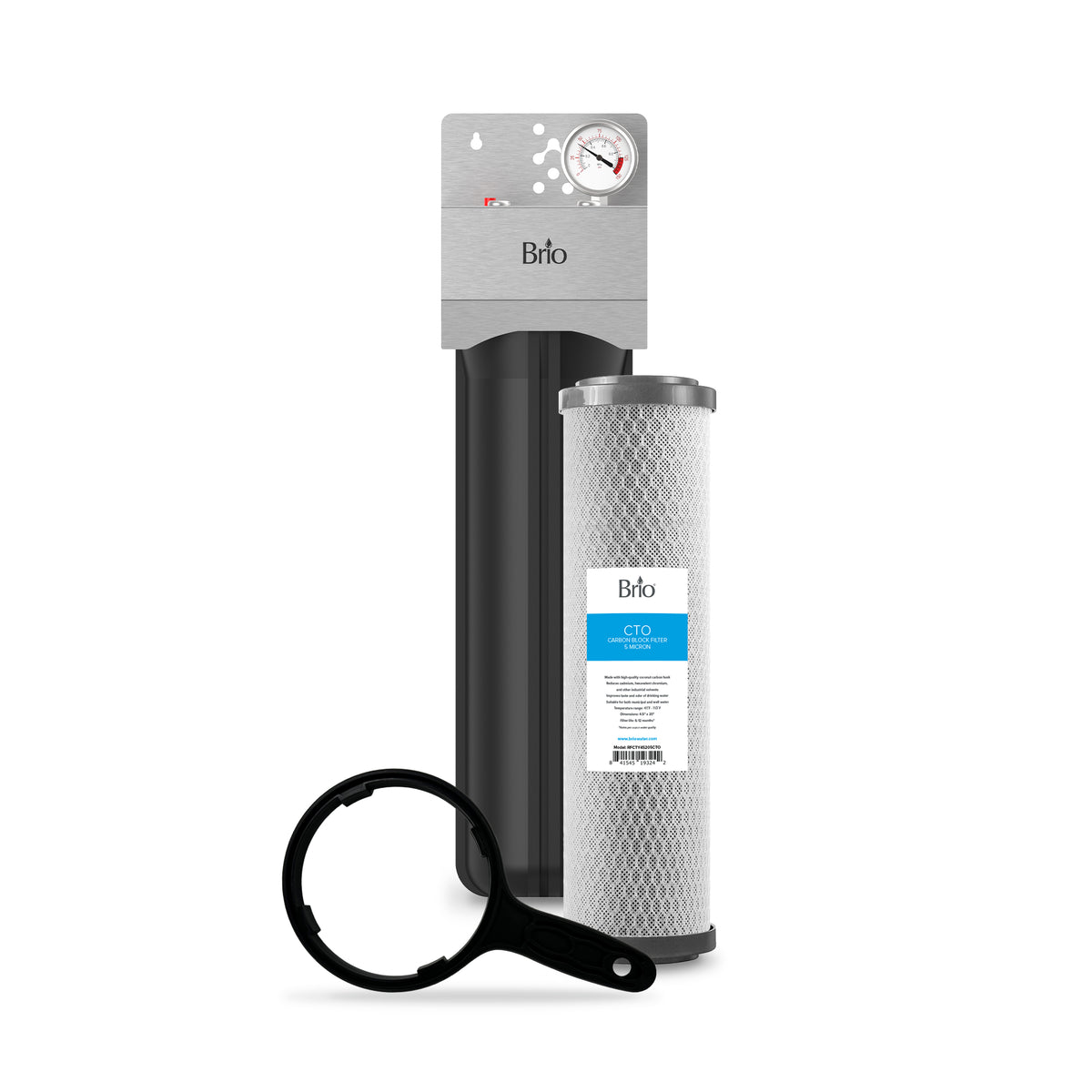 The Single Stage Whole House Filtration System - 20" CTO features a black filter housing, top-mounted pressure gauge, cylindrical carbon block cartridge for chlorine reduction, and includes a black filter wrench.