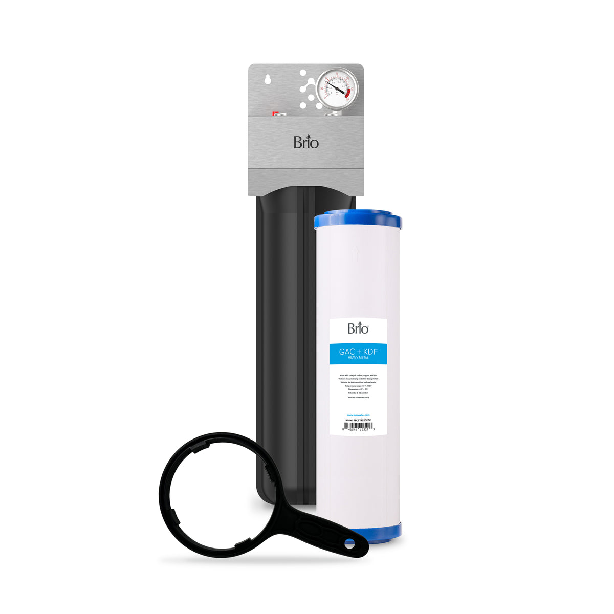 A Single Stage Whole House Filtration System - 20" Heavy Metals features a black housing, top-mounted pressure gauge, cylindrical GAC KDF filter for heavy metals removal, and includes a black filter wrench.