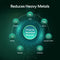 Infographic for Single Stage Whole House Filtration System - 20" Heavy Metals shows a central circle, Preserves Beneficial Minerals, surrounded by icons for lead, mercury, cadmium, chlorine, hydrogen sulfide, pesticides, and herbicides.