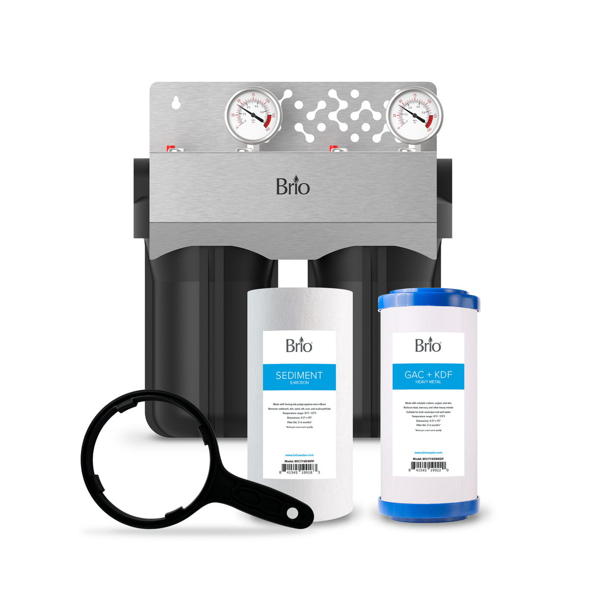 A 2-Stage Whole House Filtration System - 10" Heavy Metals with dual-stage filters, two pressure gauges, black housings, a white sediment filter, blue-labeled GAC+KDF for lead and mercury removal, and a black housing wrench displayed in front.