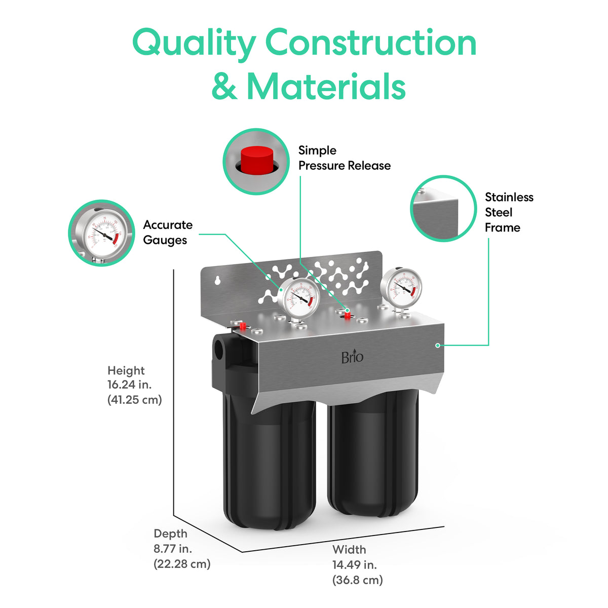 Diagram of the 2-Stage Whole House Filtration System - 10" Heavy Metals, featuring accurate gauges, easy pressure release, a stainless steel frame for lead and mercury removal; measures 16.24" H x 8.77" D x 14.49" W.