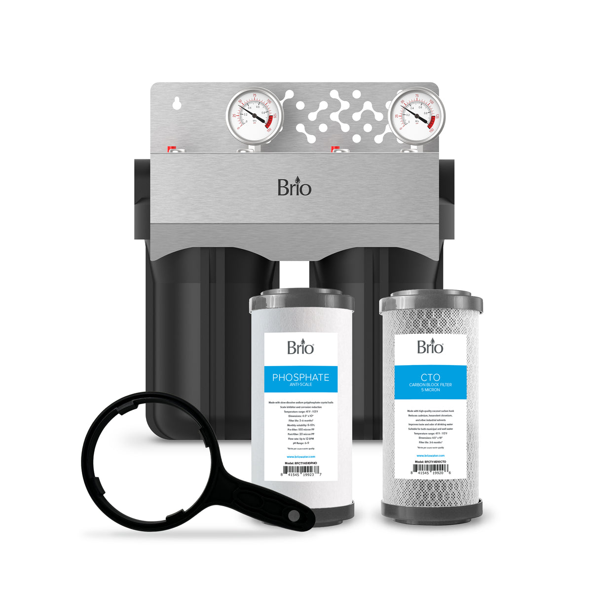 The 2-Stage Whole House Filtration System - 10" Anti-Scale includes two black housings, a metal bracket with dual pressure gauges, Phosphate and CTO cartridges for hard water and anti-scale protection, plus a black housing wrench.