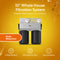 2-Stage Whole House Filtration System - 10" Anti-Scale features two black filter cartridges, pressure gauges, anti-scale water filter technology, 2-stage filtration, a 720 GPH flow rate, and easy installation. Shown on an orange background.