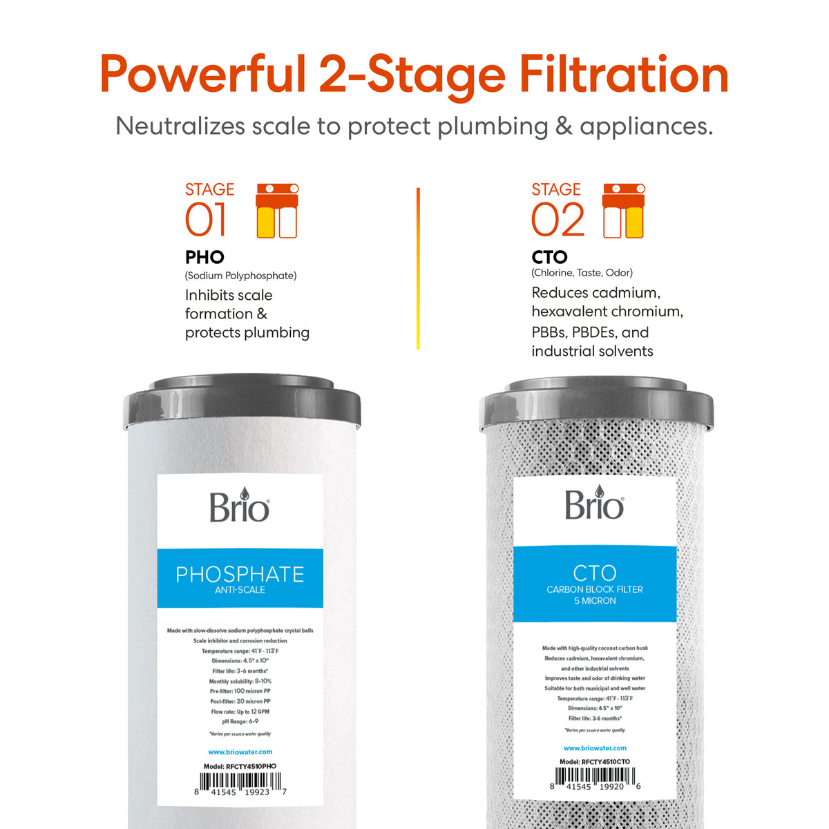 The 2-Stage Whole House Filtration System - 10" Anti-Scale features PHOSPHATE Anti-Scale and CTO Carbon Block filters to reduce scale, chemicals, taste, and odor for cleaner water throughout your home.