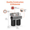 The 2-Stage Whole House Filtration System - 10" Anti-Scale features two black filter cartridges, accurate gauges, simple pressure release, anti-scale technology, a stainless steel frame, and measures 16.24"H x 8.77"D x 14.49"W.