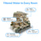 A cutaway view of a modern house showcases the 2-Stage Whole House Filtration System - 10" Multi-Purpose, providing softer showers, cleaner laundry and kitchen water, less buildup in the water heater, and benefits for health and appliance lifespan.