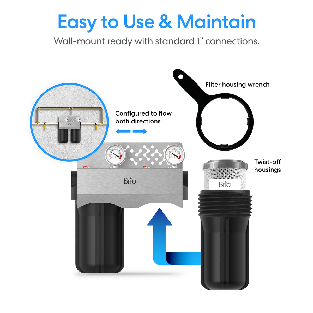 Image showing a 2-Stage Whole House Filtration System - 10" Multi-Purpose with two filter housings for CTO and sediment, labeled features, housing wrench, wall mounting diagram, and text highlighting easy use, maintenance, and standard 1-inch connections.