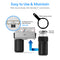 Image showing a 2-Stage Whole House Filtration System - 10" Multi-Purpose with two filter housings for CTO and sediment, labeled features, housing wrench, wall mounting diagram, and text highlighting easy use, maintenance, and standard 1-inch connections.
