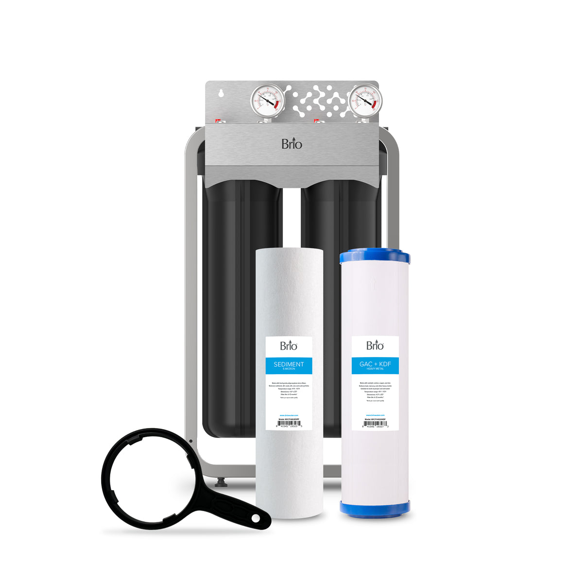 The 2-Stage Whole House Filtration System - 20" Heavy Metals is shown with two black filter housings with pressure gauges, two replacement cartridges including a sediment filter, and a convenient black filter wrench.
