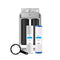 The 2-Stage Whole House Filtration System - 20" Heavy Metals is shown with two black filter housings with pressure gauges, two replacement cartridges including a sediment filter, and a convenient black filter wrench.