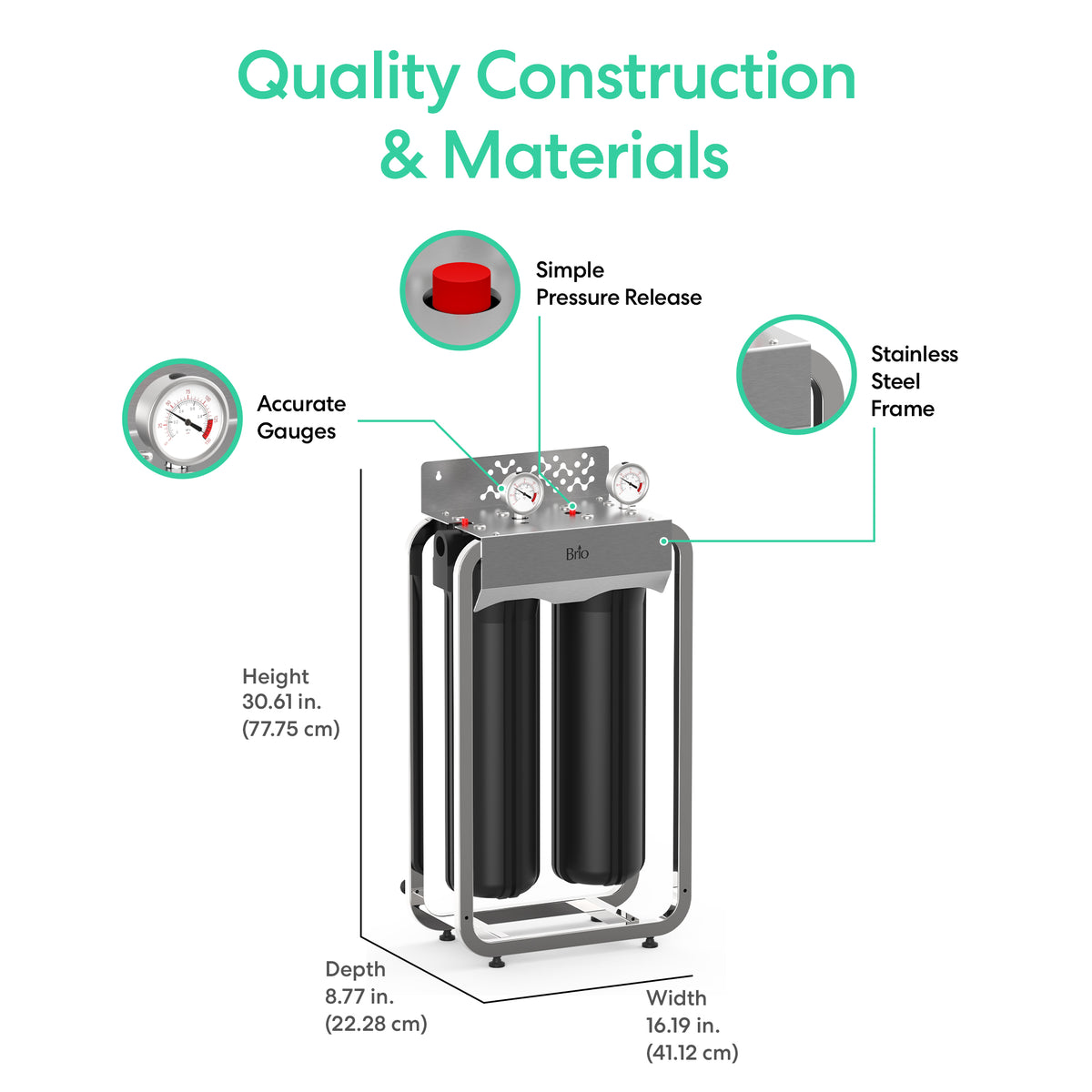 Diagram of the 2-Stage Whole House Filtration System - 20" Heavy Metals featuring accurate gauges, a simple pressure release button, stainless steel frame, and sediment filter. Dimensions: 30.61"H x 8.77"D x 16.19"W.